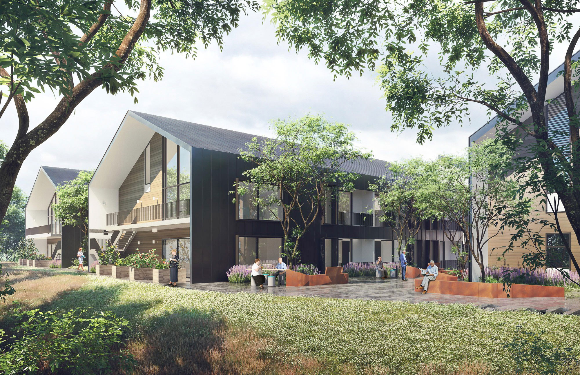 A building with trees and grass.