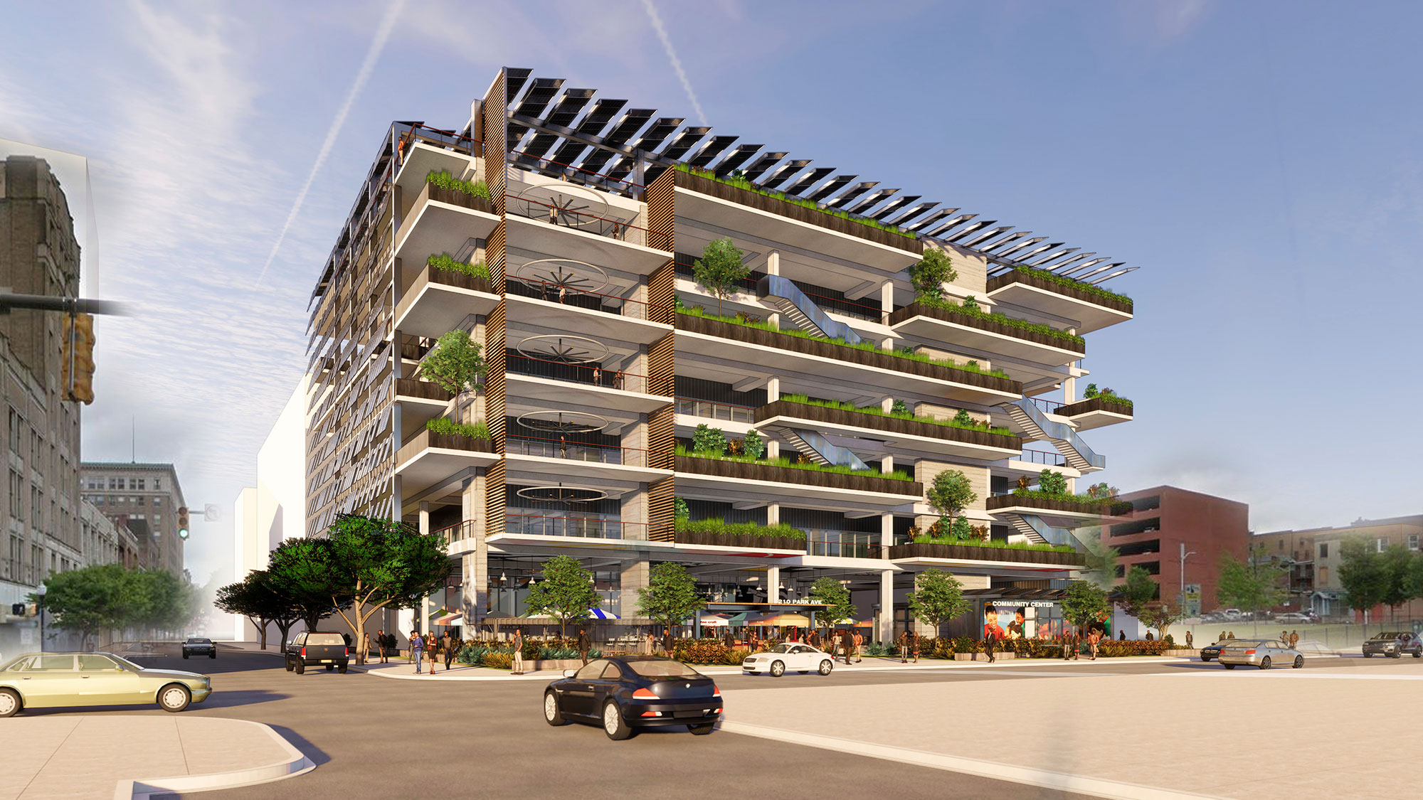 An image of the exterior of the morphable office building containing a vertical garden and indoor-outdoor connections.