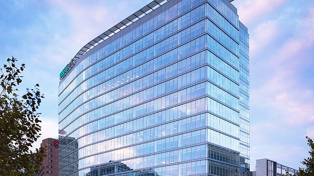 A tall glass building.