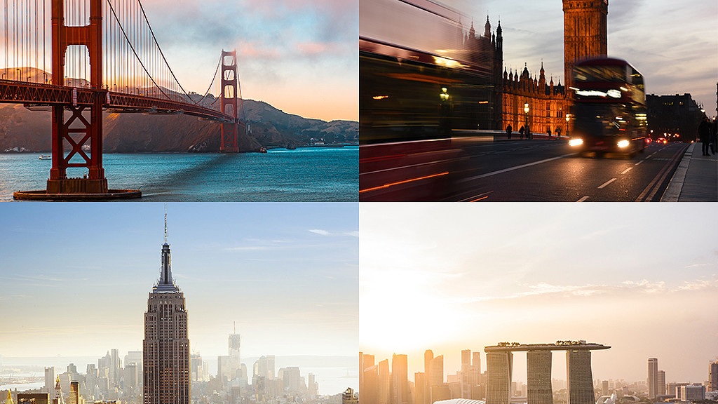 A collage of a city with a bridge and a bus.