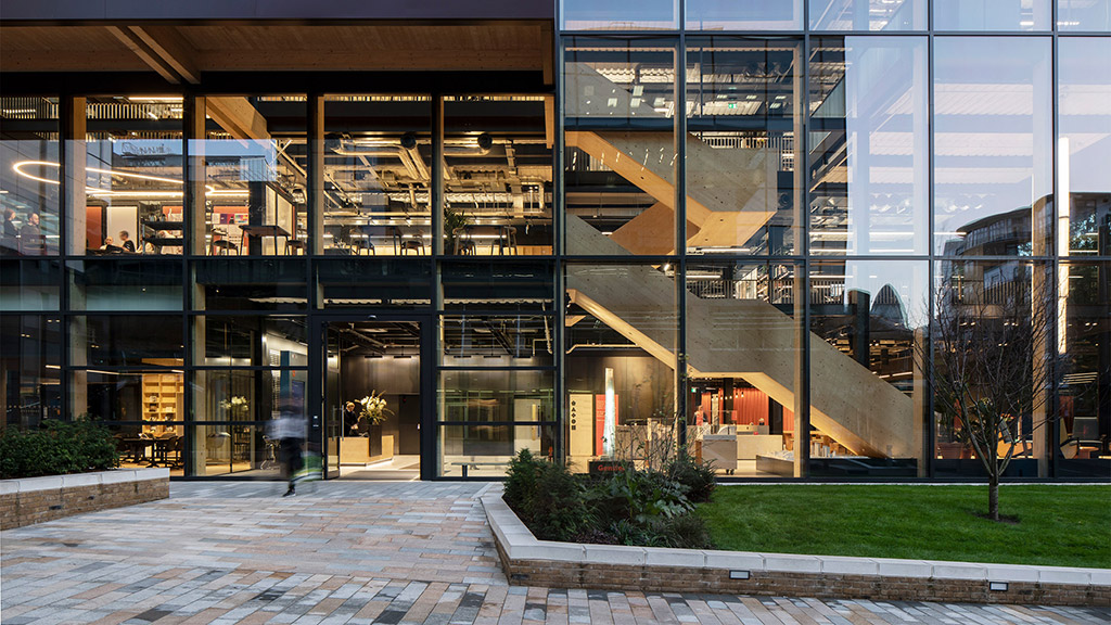 A building with glass windows.