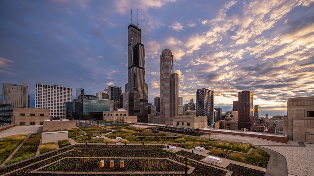 A city with tall buildings.