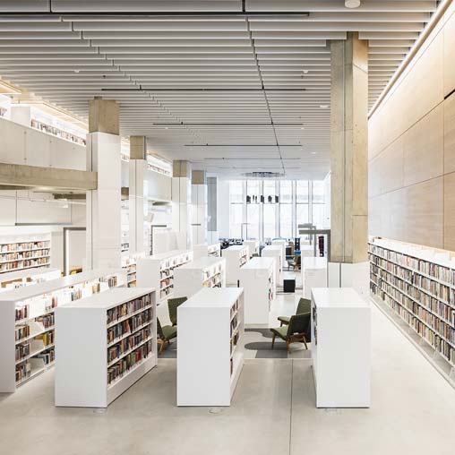 Brooklyn Public Library wide shot of bookcases and levels