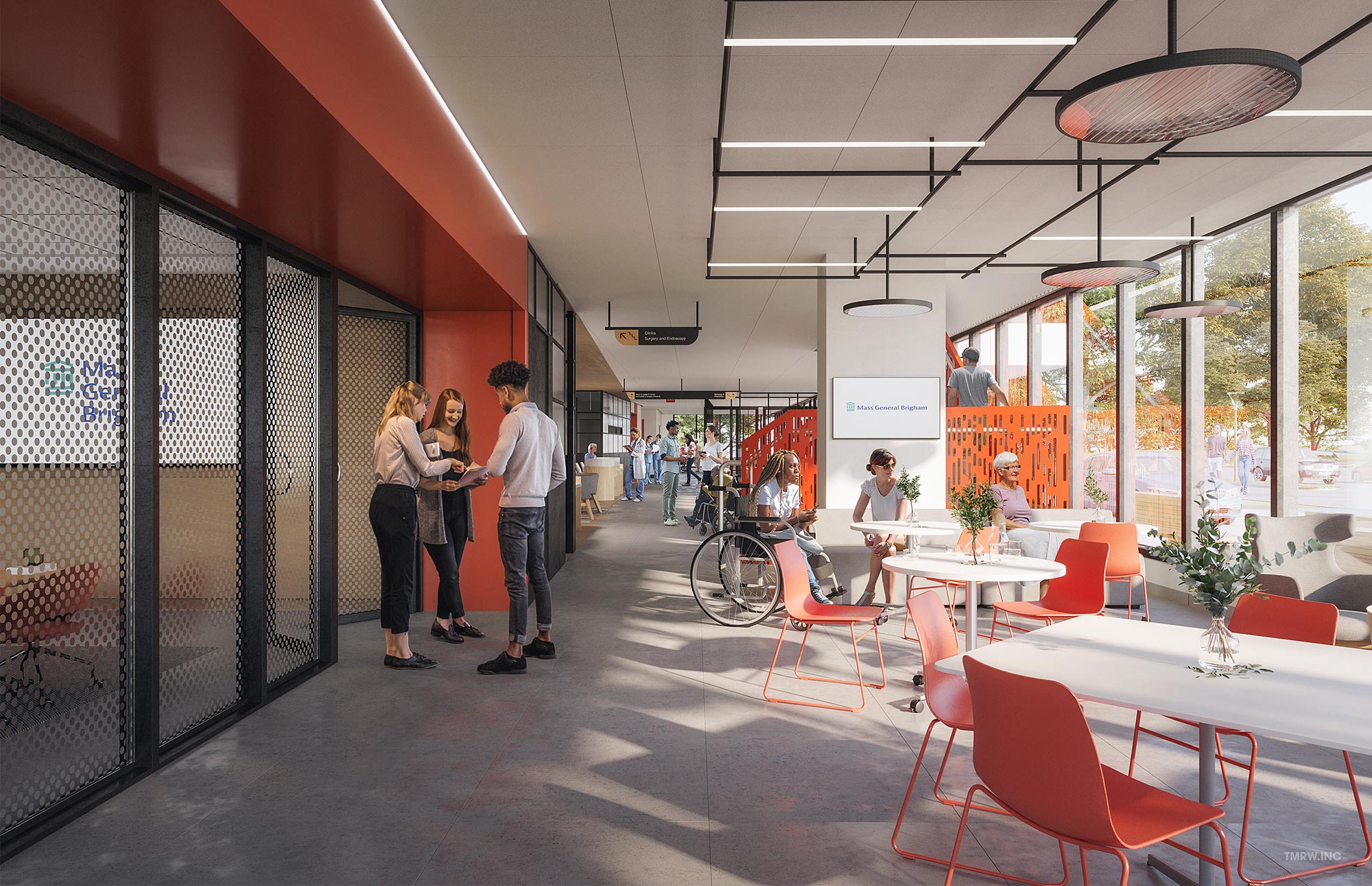 Mass General Brigham Integrated Care Facility hallway rendering with people.