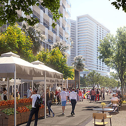 Activated downtown street rendering with people