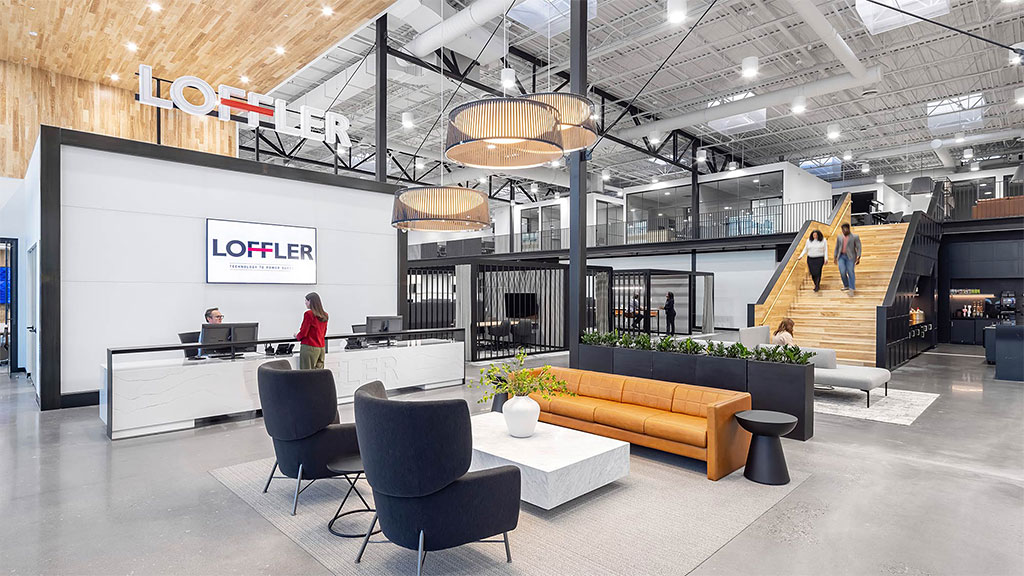 Large interior retrofitted as modern designed workplace