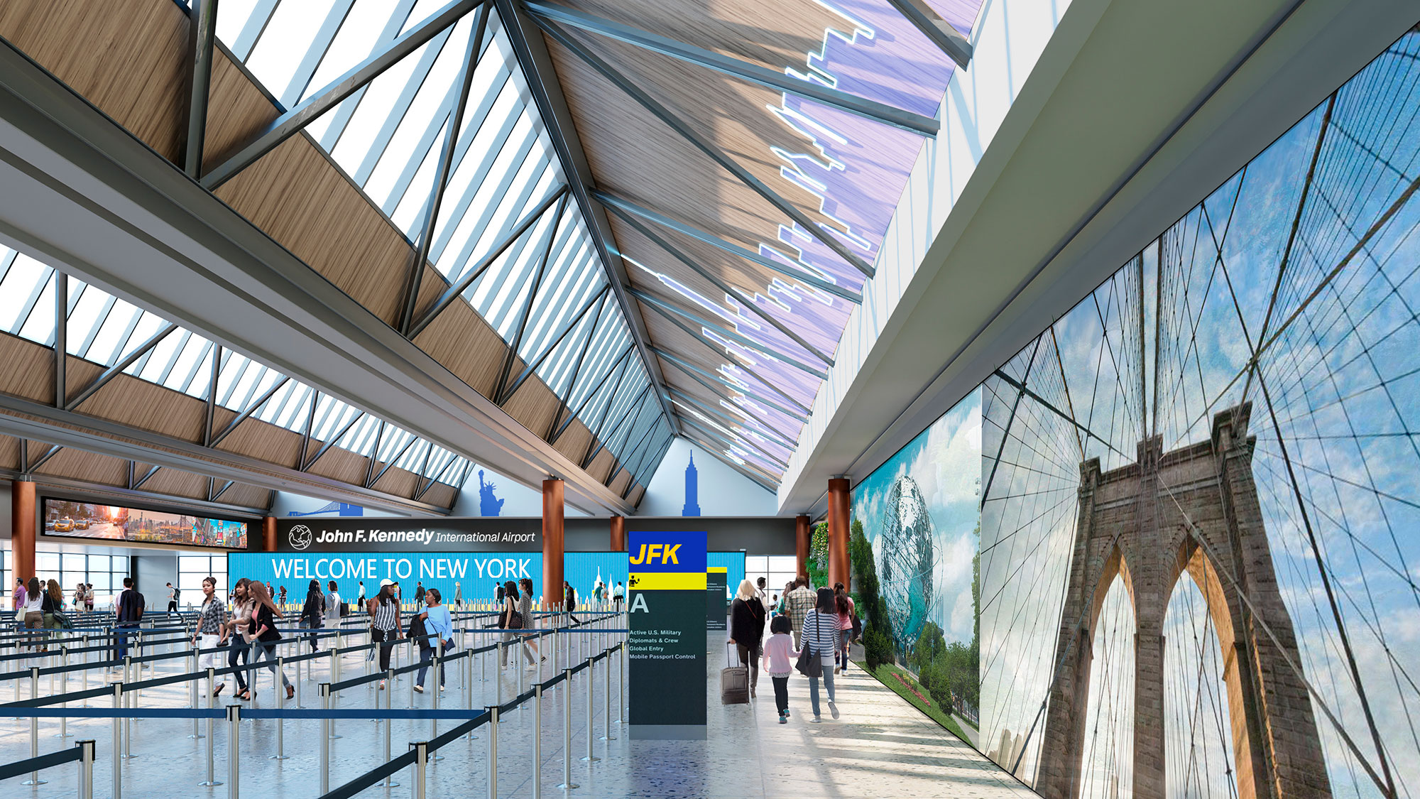 A group of people walking in a large airport.