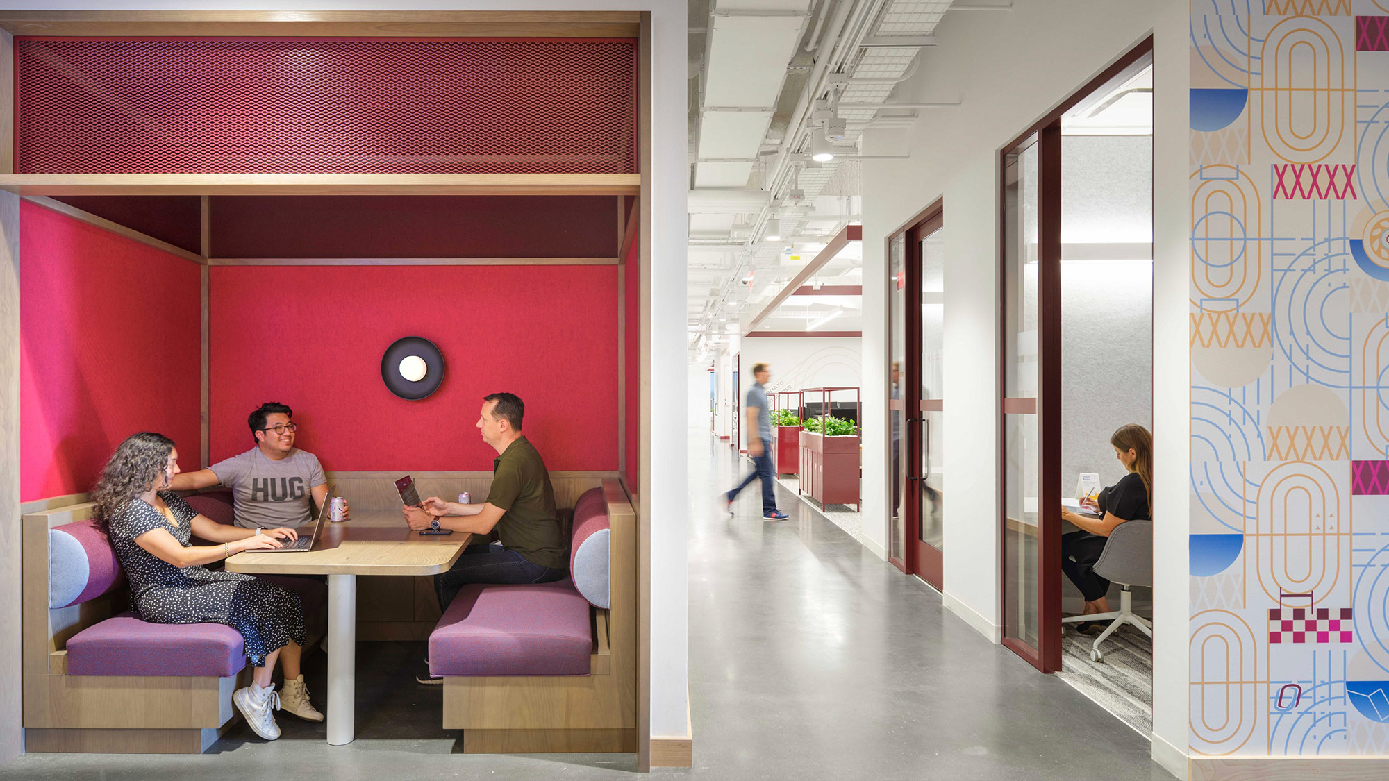 LinkedIn Omaha cafe-style booth and hallway with meeting rooms
