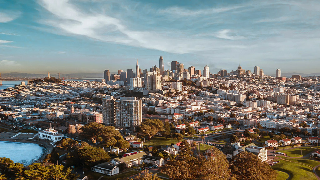 A city with a body of water in the middle.