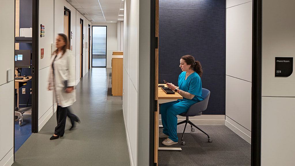 Mass General Brigham iCare hallway and private healthcare worker room