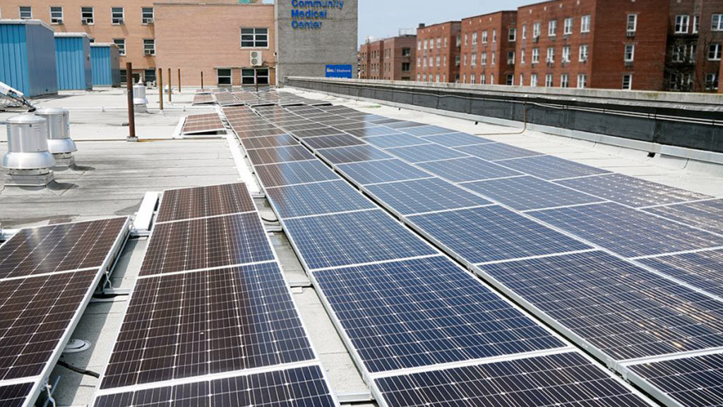 Solar panels on the roof of NYC Health + Hospitals/Elmhurst