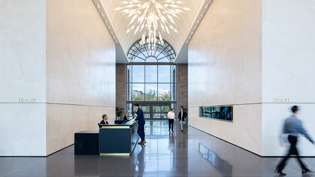 A group of people in a large building.