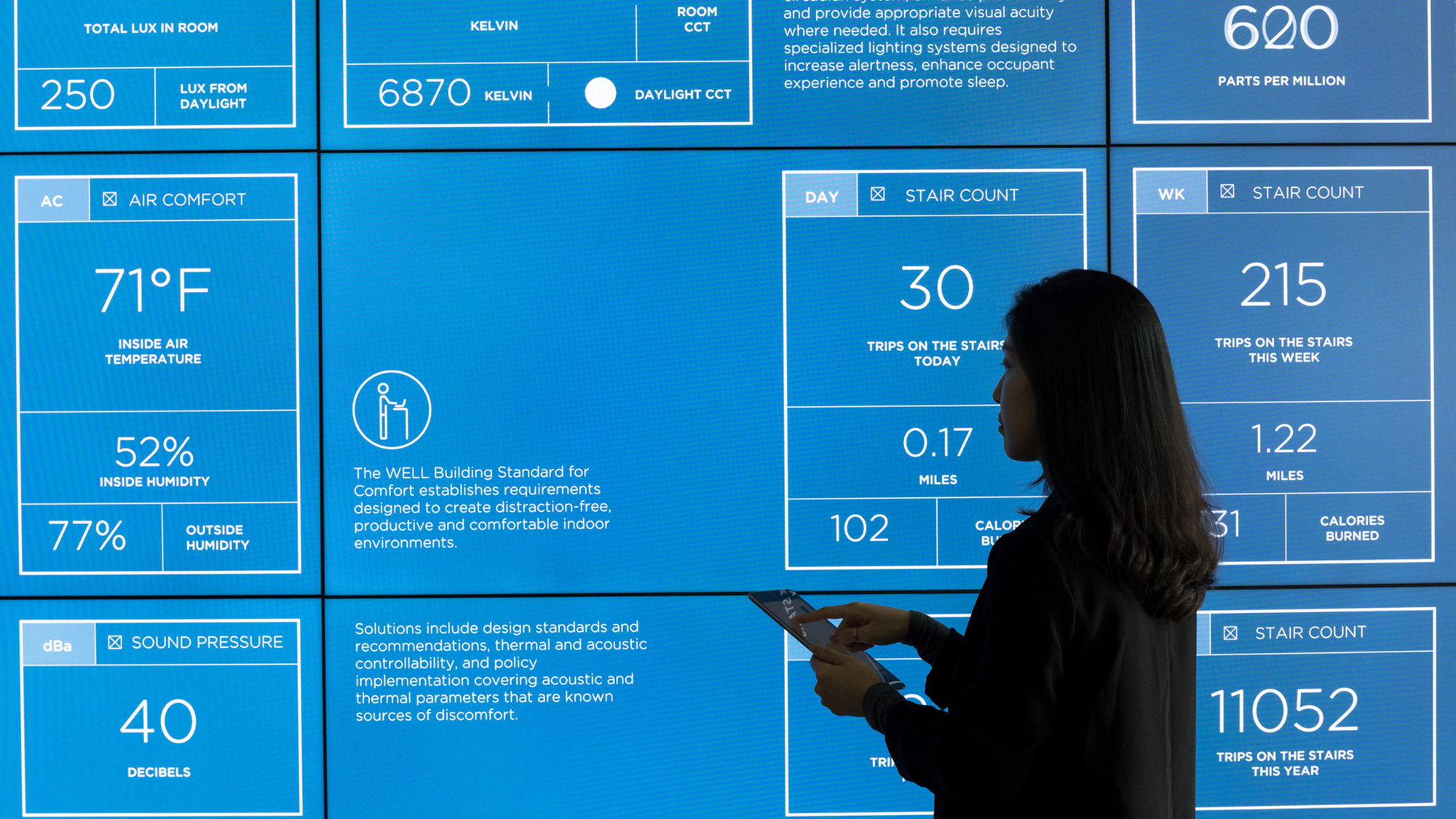 A person standing in front of a large screen.