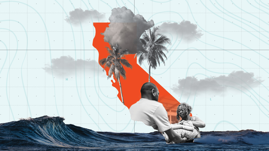 Graphic of a man and a woman preparing necessities during a natural disaster.