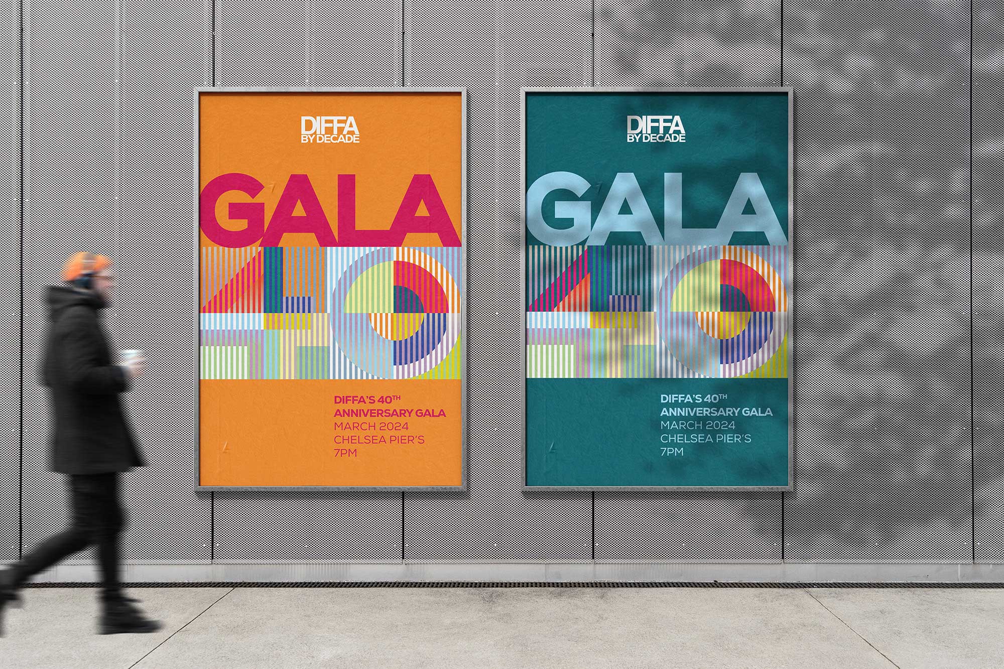 A man walking by posters of DIFFA Gala