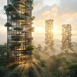 ‘The 500-Year Building’ rendering of 3 tall towers rising above forest